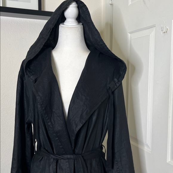 Eileen Fisher Women's Organic Linen Trench Coat Black L Lagenlook Quiet Luxury - Picture 2 of 16